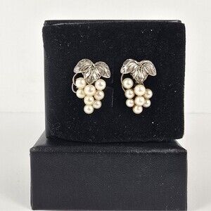 Vintage Sterling Silver Genuine Pearls Grape Leaf Cluster Earrings Screwback